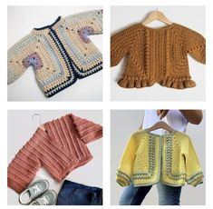 four different crocheted sweaters are shown here