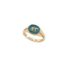 This talisman features a bear, a symbol of motherhood and childbearing. It represents ferocity in the protection of one's family. Symbol Of Motherhood, 14k Gold Signet Ring, Mother Bear, Mother Bears, Antique Wax, Mediterranean Blue, Colorful Ceramics, Gold Signet Ring, Signature Jewelry