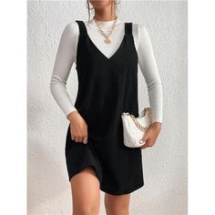 -Item Id 11574618 -Neckline: V Neck -Style: Casual -Type: Pinafore -Waist Line: Natural -Hem Shaped: Straight -Color: Black -Pattern Type: Plain -Sleeve Length: Sleeveless -Length: Short -Fit Type: Regular Fit -Fabric: Slight Stretch -Material: Fabric -Composition: 97% Polyester, 3% Elastane -Care Instructions: Hand Wash,Do Not Dry Clean -Sheer: No **Open To Offers!!!** **Bundle To Save More** **30% Off Bundles Of 2 Or More Items!!** ***Orders Go Out Within 5-10 Business Days!! Thank You For You Corduroy Pinafore Dress, Corduroy Overall Dress, Shein Outfits, Elegante Casual, Corduroy Dress, Pinafore Dress, Dress For Short Women, 가을 패션, Overall Dress