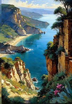 an oil painting of the ocean and cliffs