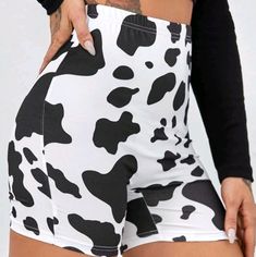 Cow Print Biker Shorts 95% Polyester 5'% Spandex Black Combat Boots, Solid Leggings, Legging Outfits, Stretchy Leggings, Cycling Shorts, Edgy Look, Country Outfits, Cow Print, Biker Shorts