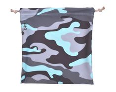 a bathing bag with blue and grey camouflage print on it, hanging from the side