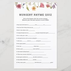 a printable nursery rhyme quiz game with flowers on the front and back