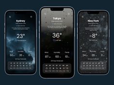 three iphones displaying different weather conditions and the same time as they are on display