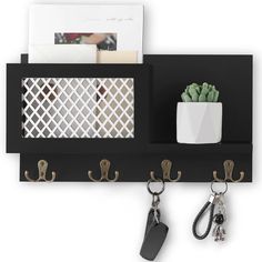 a black shelf with key holders and keys hanging from it's sides next to a potted plant