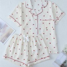 Cute Sleep Set With Lapel Button Up Top And Bowknot Shorts For Women Pretty Pjs Sleep Nightwear, Where To Get Cute Pajama Sets, Cute Pjs Silk, Pj Sets Cute, Feminine Pajama Set, Cute Sleepwear Women, Women’s Sleepwear, Cute Pajamas For Teens, Cute Aesthetic Pjs