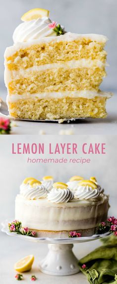 lemon layer cake with white frosting and lemons on the top is shown in three different photos