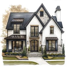 this is an artist's rendering of the front elevation of a house with black and white trim