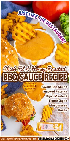 an advertisement for a bbq sauce recipe with cheese fries and tomatoes on the side