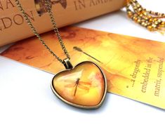 Dragonfly in Amber Outlander Inspired Novelty Heart Necklace - Outlander Fan Gift - Jewelry, Sassenach, Fraser - NOT Real Amber Outlander Gifts, Glowing Effect, Large Locket, Bronze Gifts, Amber Heart, The Outlander, Dragonfly In Amber, Outlander Fan, Dragonfly Charm