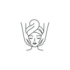 a black and white line drawing of a woman's face with her hands on her head