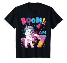 a black t - shirt with an image of a unicorn and the number seven on it