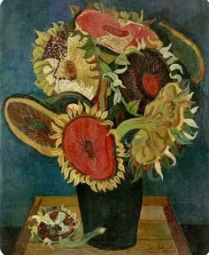 a painting of sunflowers and other flowers in a black vase on a table