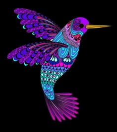 a colorful bird flying through the air on a black background