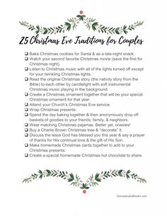 a list for christmas cookies with the words 25 christmas treats for couples written in green and red