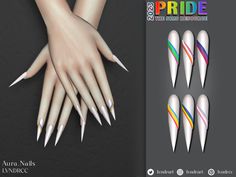 the nails are white and have multicolored stripes on them