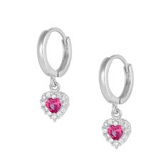 Fine jewelry for babies. These little girl's Huggie earrings are crafted of 14k white gold, each features a dangling heart adorned with a sparkling red cubic zirconia in the center to simulate July birthstone and outlined with 12 small white cubic zirconias. An elegant gift for any occasion such as holidays, birthday, baptism or christening, etc. Geode Earrings, Baby Earrings, Kids Earrings, Birthstone Gifts, White Gold Earrings, Rings For Girls, Birthstone Earring, July Birthstone, Huggie Earrings