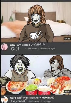 two cartoon images with the same person eating food