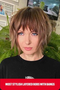 Heavily Layered Bob with Choppy Fringe Short Choppy Fringe, Short Shag With Bangs Fine Hair, Shaggy Bob For Fine Hair Round Faces, Fringe Wispy, Bob With Side Fringe, Choppy Layered Bob Hairstyles, Occipital Bone, Olivia Hair