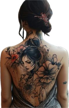 the back of a woman's body with flowers on her shoulder and neck tattoo