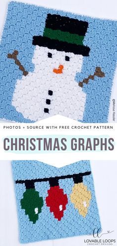 two crocheted snowmen are shown with the words christmas graphs on them