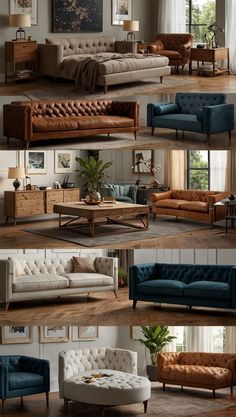 several different types of couches in various positions