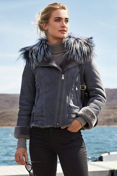 Moto meets glamour in a sheepskin bomber that begs to be worn everywhere. Free shipping   returns. Coat Outfit Winter, Shearling Coat Womens, Winter Coat Outfits, Vintage Retro Clothing, Coat Outfit, Sheepskin Coat, Trim Jacket, Flight Jacket, Belted Coat