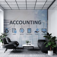 an office lobby with chairs, tables and a sign that says accounting on the wall