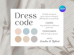 the dress code card is displayed on top of a bed with white sheets and pillows