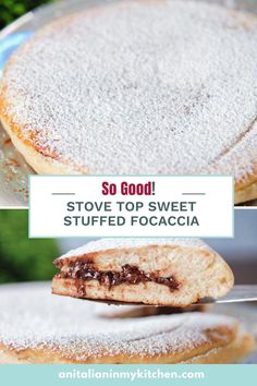 an image of some food that is on a plate with the words so good stove top sweet stuffed focaccia