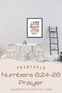 a room with a table, chairs and pictures on the wall that says printable numbers 6 - 24 - 26 prayer