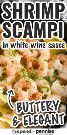 shrimp scampi in white wine sauce with lemon and parsley