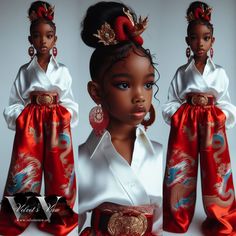 My "Dragon Dreams" collection captures the essence of strength, beauty, and cultural fusion in a stunning series of digital artworks. Featuring young African American girls dressed in luxurious silk attire, each piece is adorned with intricate dragon motifs and delicate floral patterns. The vibrant red and white color palette highlights the elegance and grace of the subjects, while the traditional elements evoke a sense of heritage and pride. Perfect for adding a touch of cultural richness to your merchandise, "Dragon Dreams" is a celebration of diversity and artistry. Discover this enchanting collection at Velvet's View, where tradition meets modern elegance. American Girl Dress, Kids Dress Wear, Kids Fashion Dress, Gowns For Girls, American Girls