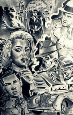 a black and white drawing of some people in a car with skulls on the hood