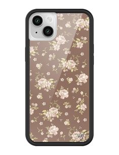 the back of an iphone case with floral print on brown and white background, featuring pink flowers