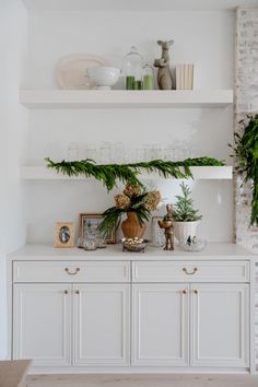 a white shelf with plants and pictures on it