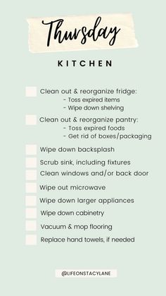 a kitchen cleaning checklist with the words thursday written in black and white