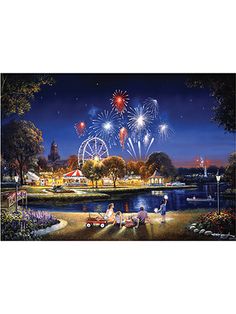 a jigsaw puzzle with fireworks in the sky