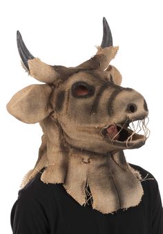 Scarecrow and bull masks are both creepy, but combining the two?!?  Super creep factor!  This mask is the creepiest version of both worlds.  What makes it even scarier is the fact that mouth moves…..shudder!  If you are looking to kick your home haunt up a notch, you will want this mask.  This molded plastic mask is covered with a burlap hood.   Inside of mask is lightly padded for comfort.  Mask has an elastic strap to help keep it securely in place.  The masks jaw will move as you move y Bull Mask, Scarecrow Mask, Plastic Mask, Eye Hole, Mask Painting, Halloween Adventure, City Kid, Bull Head, Jute Fabric