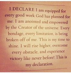 a piece of paper that has writing on it with the words, i declare i am equipped for every god work god has planned for me