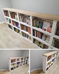 the bookshelf is built into the wall and has several shelves with different types of books