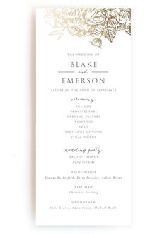 a white and gold wedding program card with leaves on the front, in silver foil