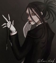 a drawing of a woman with black hair and white nails holding a chain in her hand