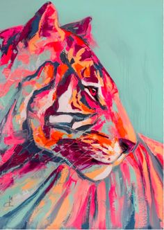 a painting of a pink tiger on a blue and green background, with the head of a