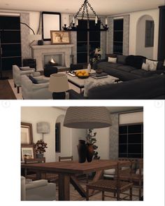 two pictures of a living room with couches and a dining table in front of a fireplace