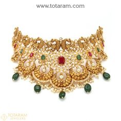 22K Gold Choker Necklaces -Indian Gold Jewelry -Buy Online Vintage Yellow Gold Festive Jewelry, Festive Vintage Yellow Gold Jewelry, Traditional Yellow Gold Jewelry With Stones, Elegant Heavy Multicolor Necklace, Elegant Multicolor Heavy Necklace, Exquisite Hand Set Necklaces For Festivals, Temple Jewelry Pendant With Stones, Exquisite Gold Jewelry With Stones, Festive Fine Jewelry Necklaces With Jewels