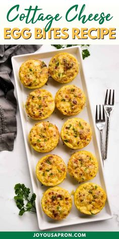 egg muffins on a white plate with text overlay that reads cottage cheese egg bites recipe