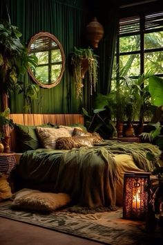 a bedroom with green walls and lots of plants