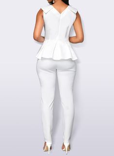 V-neck Ruffle Sleeveless Business Jumpsuit White V-neck Jumpsuit With Ruffles, White Sleeveless Ruffled Jumpsuit, White Sleeveless Jumpsuit With Ruffles, White Sleeveless Ruffled Jumpsuits And Rompers, Sleeveless Ruffled Peplum Top For Party, Sleeveless Peplum Top With Ruffles For Party, Fitted Sleeveless Jumpsuit With Ruffles, Elegant Sleeveless Ruffled Jumpsuits And Rompers, Fitted Sleeveless Peplum Top For Workwear