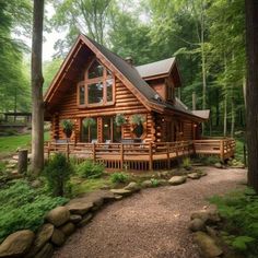 a log cabin sits in the middle of a wooded area, surrounded by rocks and trees